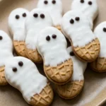 Nutter Butter Ghost Cookies with white drippy coating and chocolate-chip eyes on a beige ceramic plate