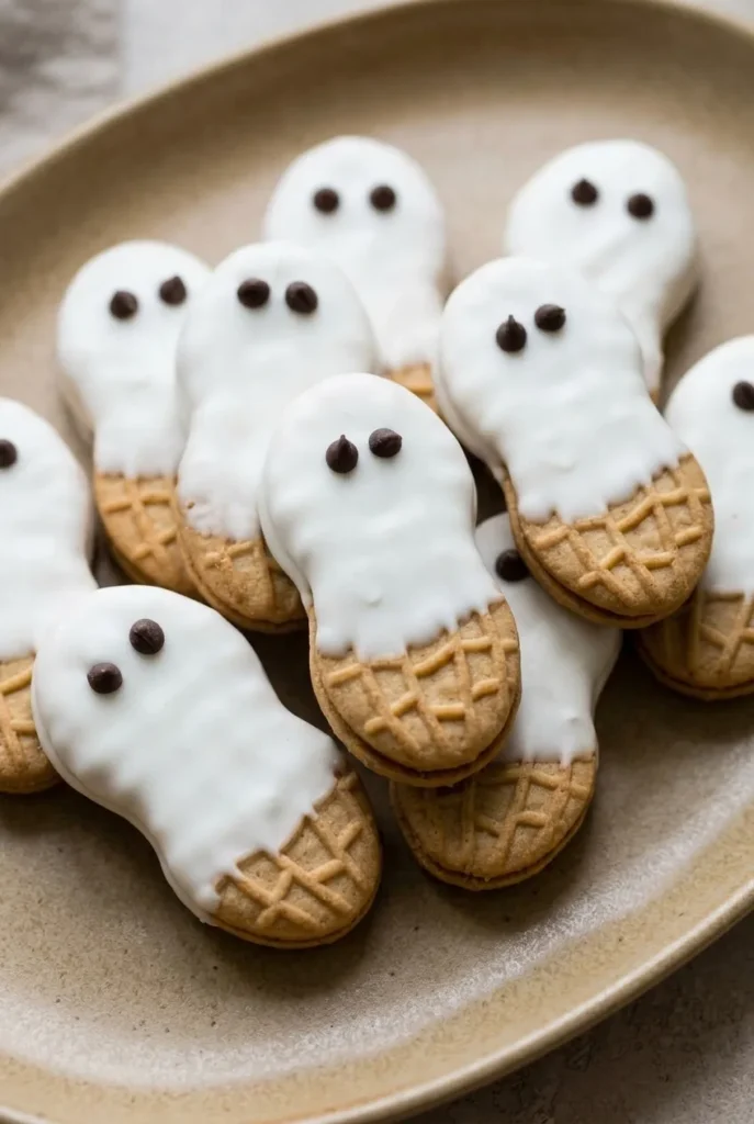 Nutter Butter Ghost Cookies with white drippy coating and chocolate-chip eyes on a beige ceramic plate