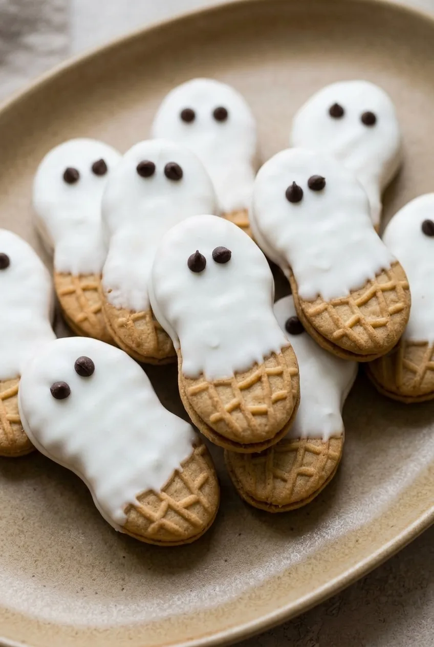 Nutter Butter Ghost Cookies with white drippy coating and chocolate-chip eyes on a beige ceramic plate