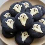 Dark cocoa ghost thumbprint cookies with white chocolate ganache ghosts on a warm beige plate