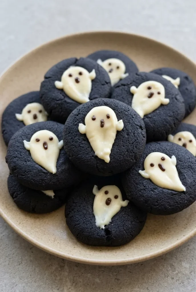 Dark cocoa ghost thumbprint cookies with white chocolate ganache ghosts on a warm beige plate