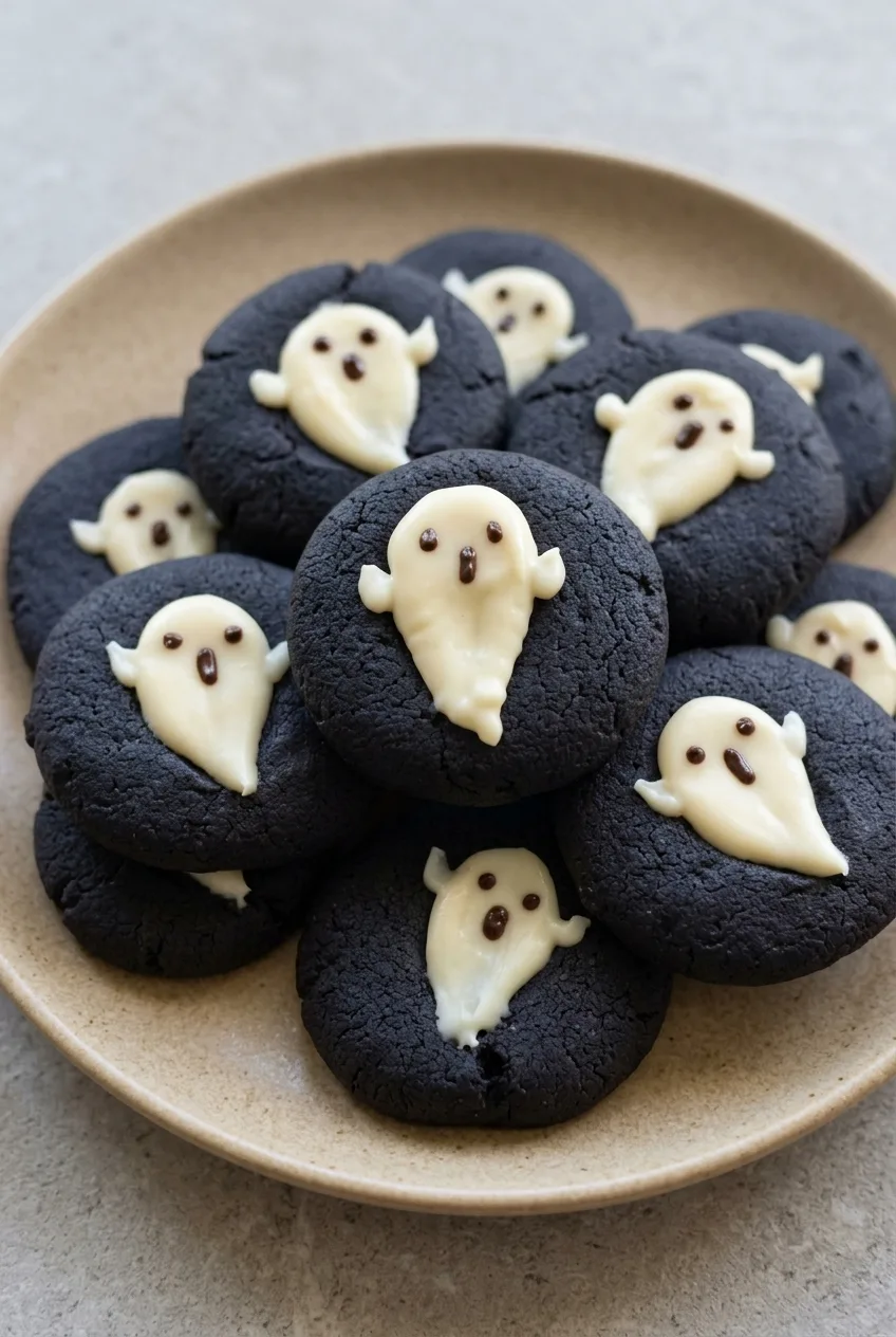 Dark cocoa ghost thumbprint cookies with white chocolate ganache ghosts on a warm beige plate