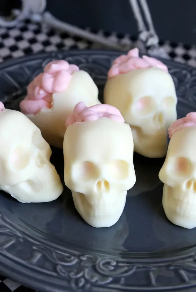 Ivory white chocolate skulls with broken crowns and pale-pink piped cheesecake mousse brains on a dark plate.