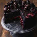 Black Velvet Halloween Cake with black frosting, blackberry filling, chocolate skulls, and fresh blackberries.