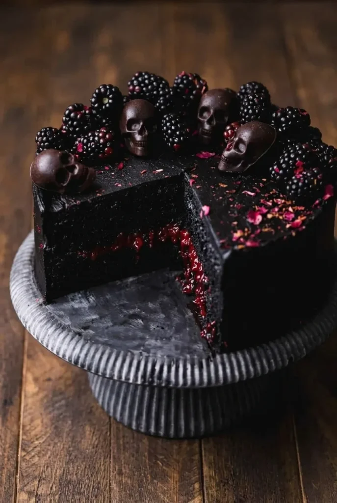 Black Velvet Halloween Cake with black frosting, blackberry filling, chocolate skulls, and fresh blackberries.