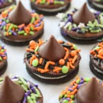 No-bake witch hat Oreos with chocolate Kiss crowns and colorful Halloween sprinkle hatbands on parchment.