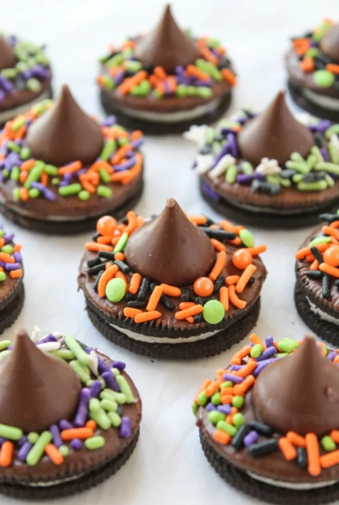No-bake witch hat Oreos with chocolate Kiss crowns and colorful Halloween sprinkle hatbands on parchment.