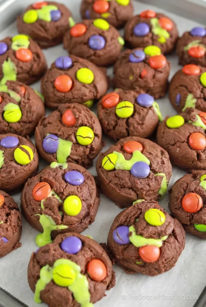 Thick chocolate Hocus Pocus Halloween cookies with orange, purple, and green candies and neon-green frosting filling.