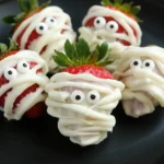 Chocolate-covered mummy strawberries with candy eyes and thick white wraps on a black plate