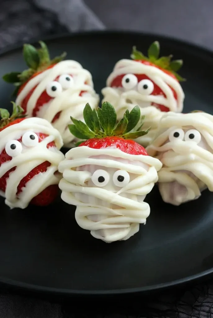 Chocolate-covered mummy strawberries with candy eyes and thick white wraps on a black plate