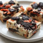Thick Halloween Oreo cake bars with pale vanilla crumb, chunky dark cookie pieces, and orange sprinkles on a cream plate.