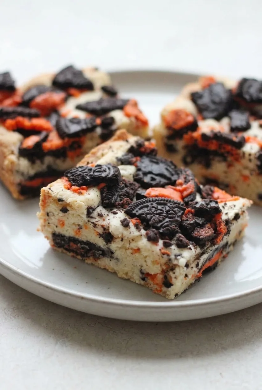 Thick Halloween Oreo cake bars with pale vanilla crumb, chunky dark cookie pieces, and orange sprinkles on a cream plate.
