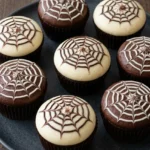 Assorted spiderweb cupcakes in dark liners with ivory and chocolate frosting on a charcoal platter