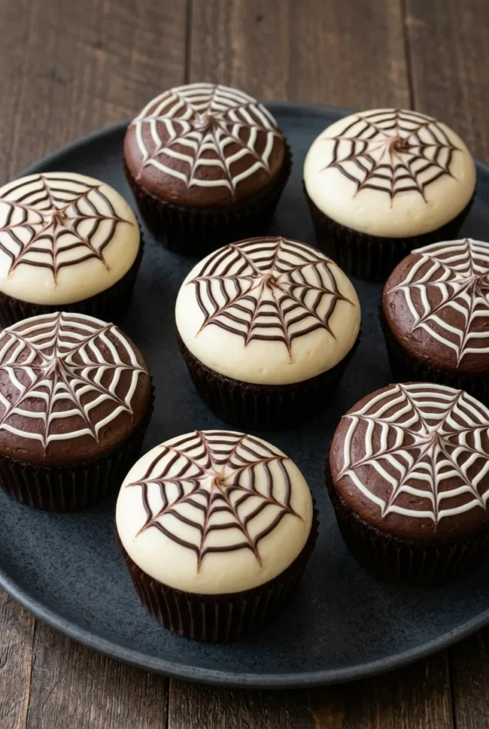 Assorted spiderweb cupcakes in dark liners with ivory and chocolate frosting on a charcoal platter