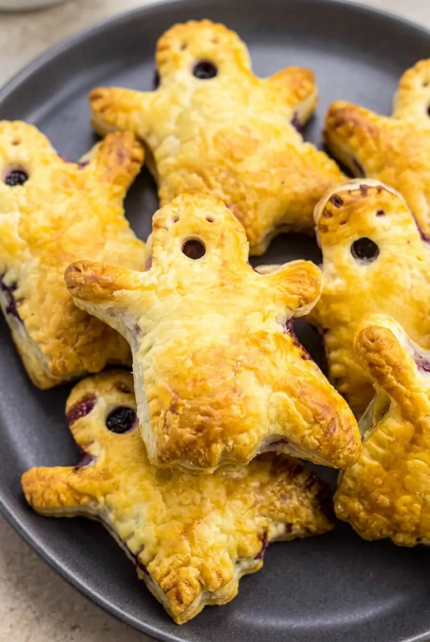 Golden Boo Berry Ghost puff-pastry hand pies piled on a dark platter with blueberry filling visible in face cutouts.