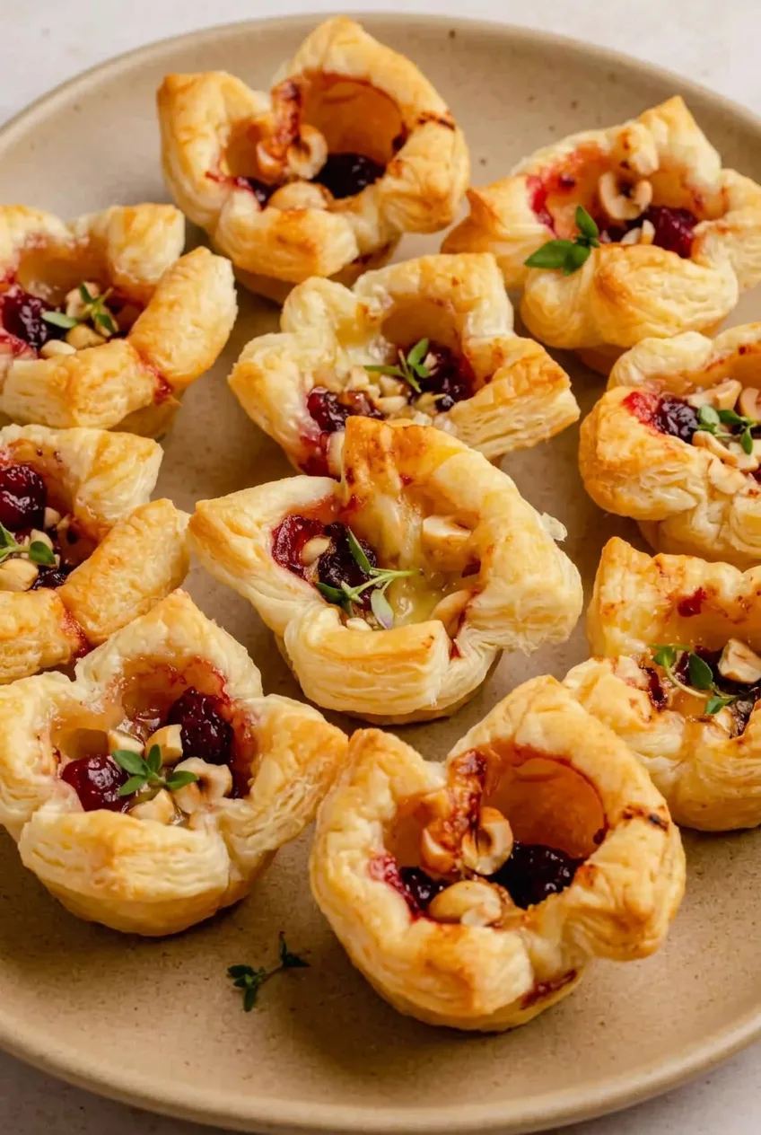Cranberry Brie bites with flaky puff pastry, melted Brie, cranberry sauce, hazelnuts, and thyme on a beige platter.
