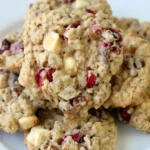 Stack of thick cranberry oatmeal cookies with white chocolate chunks, pecans, and red cranberry pieces on a light plate.