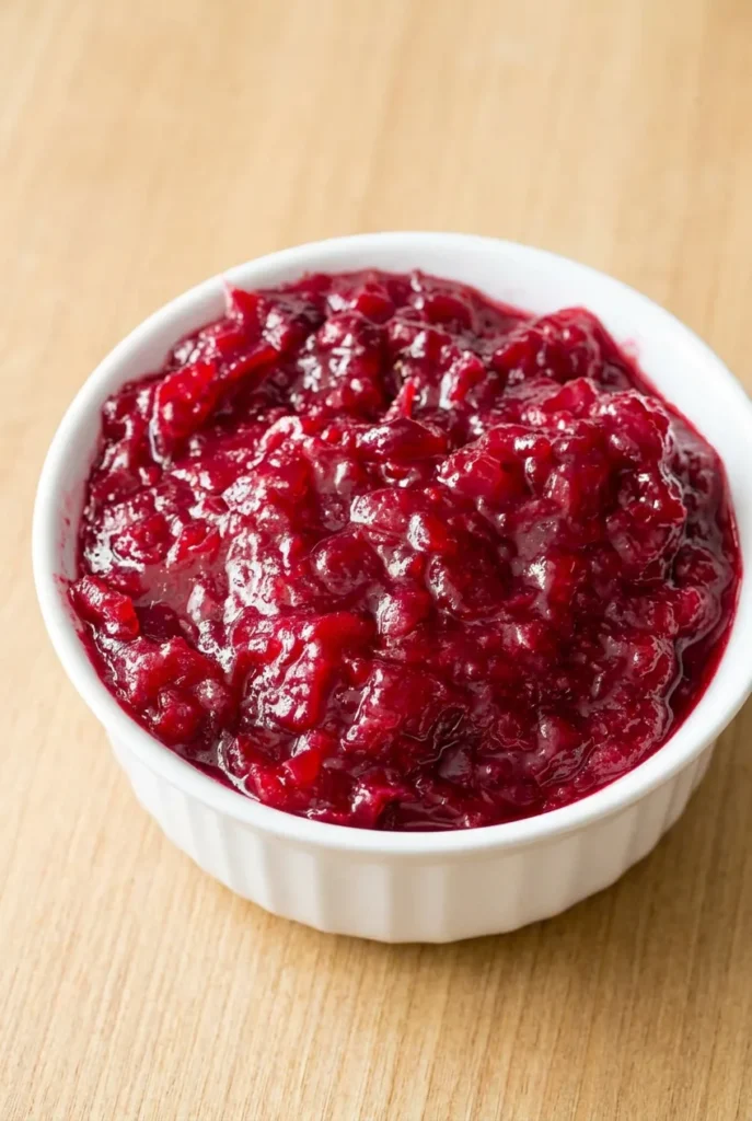 Homemade cranberry sauce with glossy burst berries mounded in a small off-white ceramic bowl.