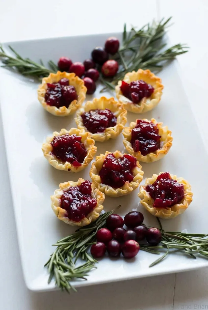 Cranberry Brie mini tarts in crisp fluted phyllo cups on a rectangular platter with rosemary and fresh cranberries.