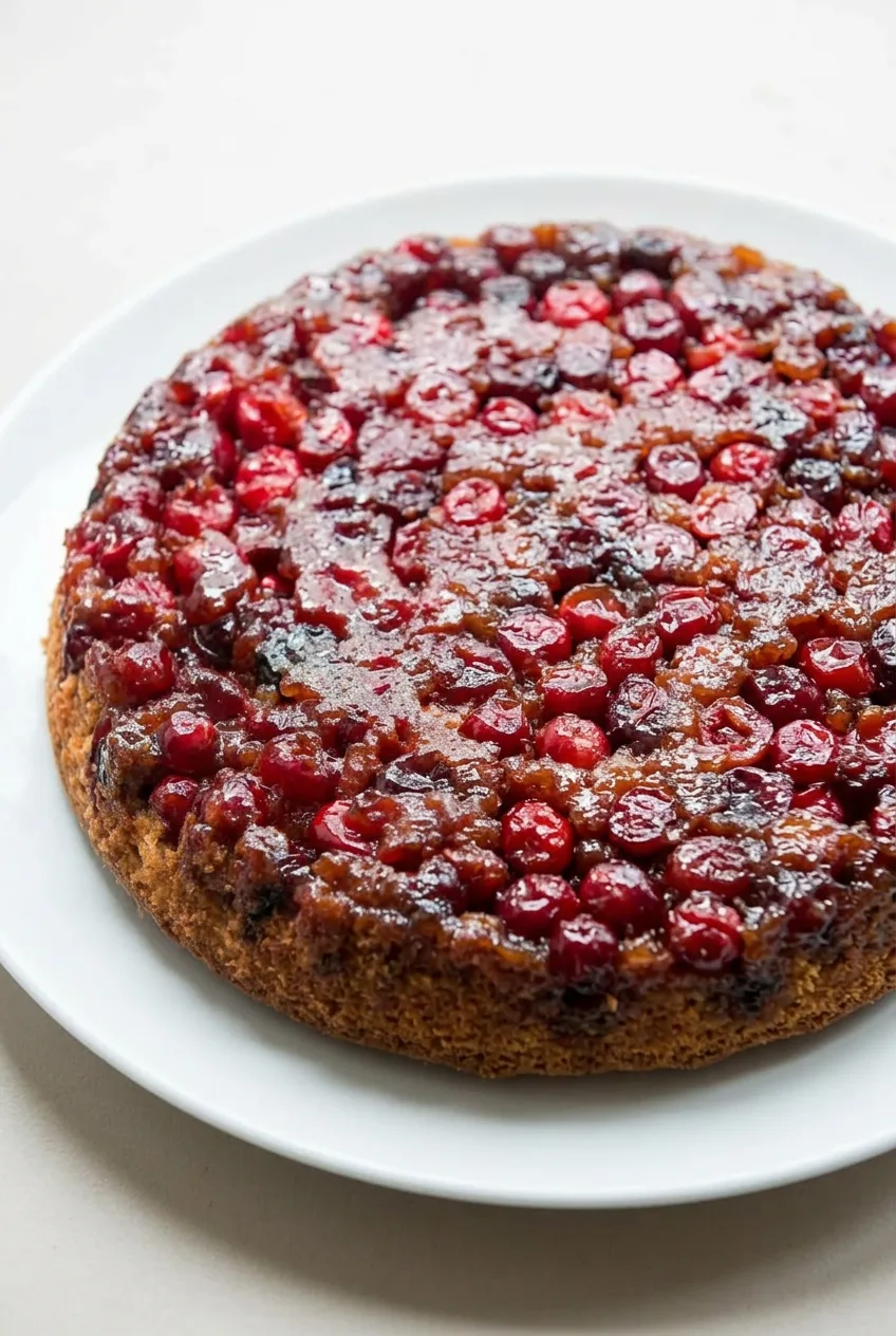 Whole cranberry upside-down cake with glossy ruby berries in dark caramel on a white plate
