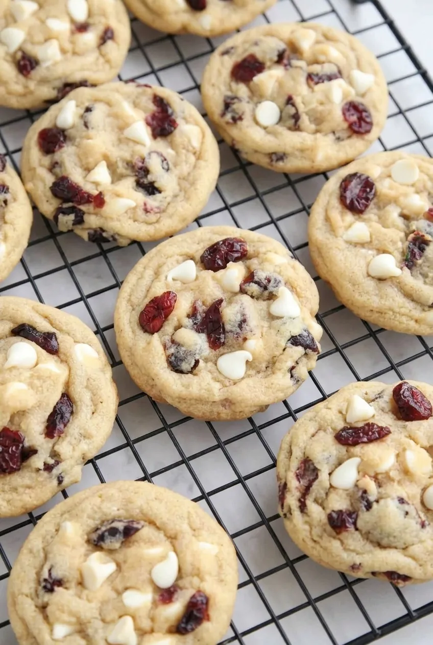 Thick white chocolate cranberry cookies with visible white chips and dried cranberries cooling on a wire rack.