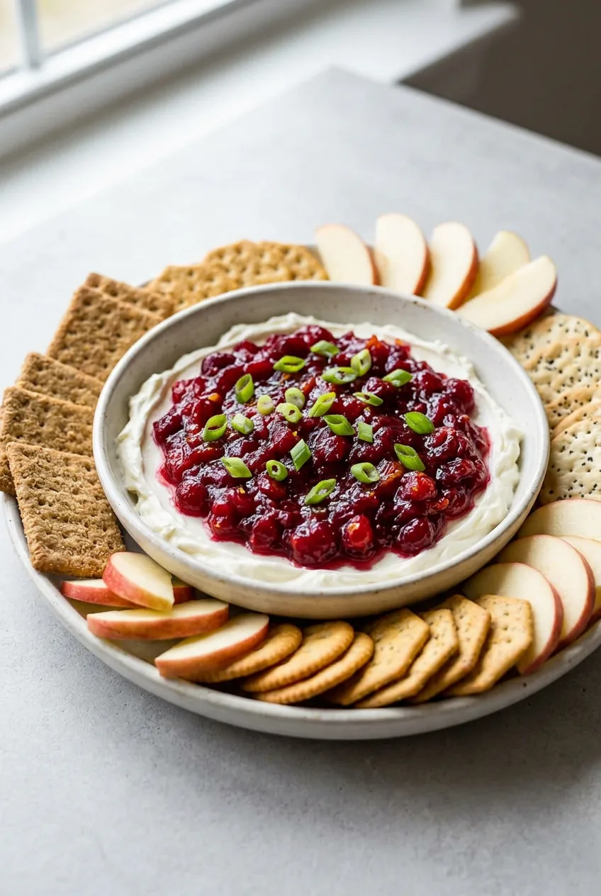 Cranberry cream cheese dip with chunky cranberry sauce, scallions, crackers, and apple slices in a shallow bowl.