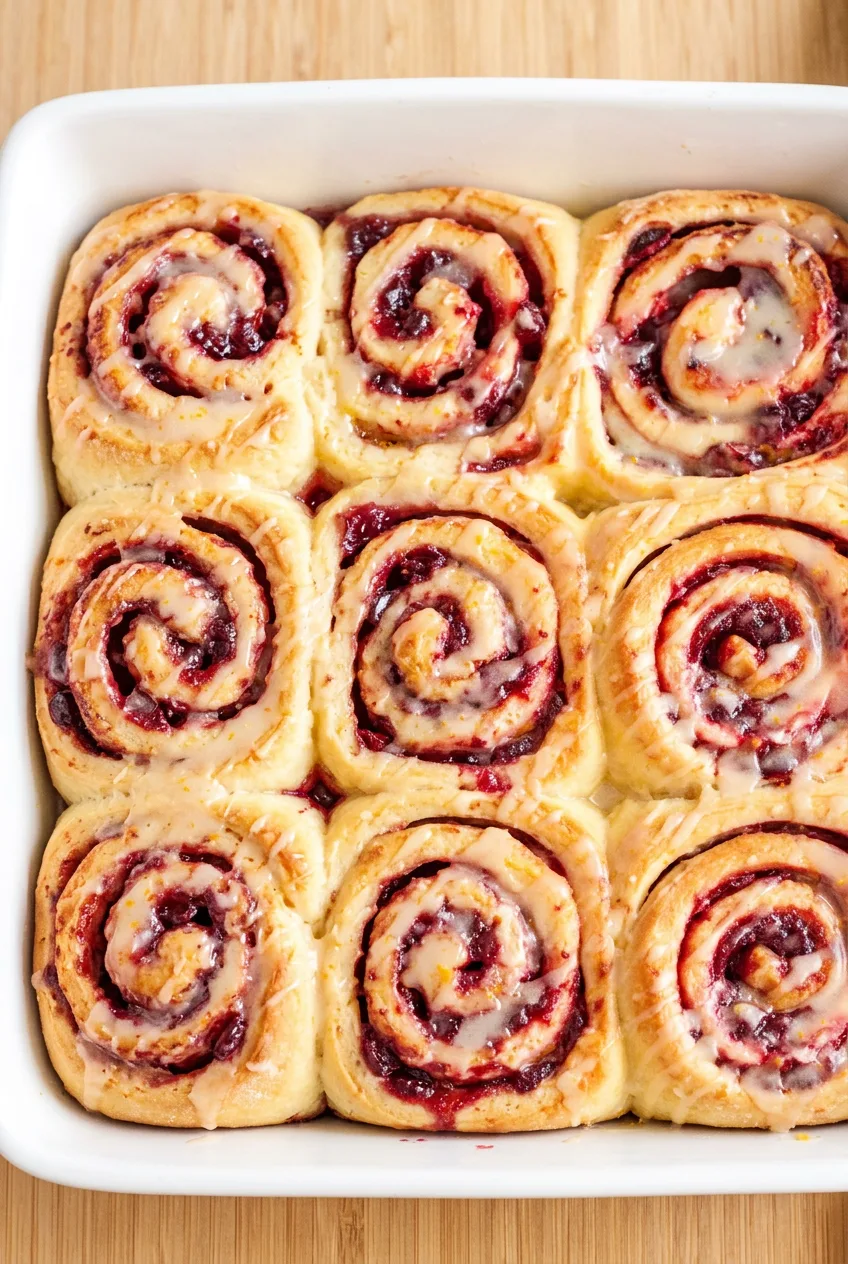 Nine cranberry orange sweet rolls with red fruit swirls and orange glaze in a white square baking dish.