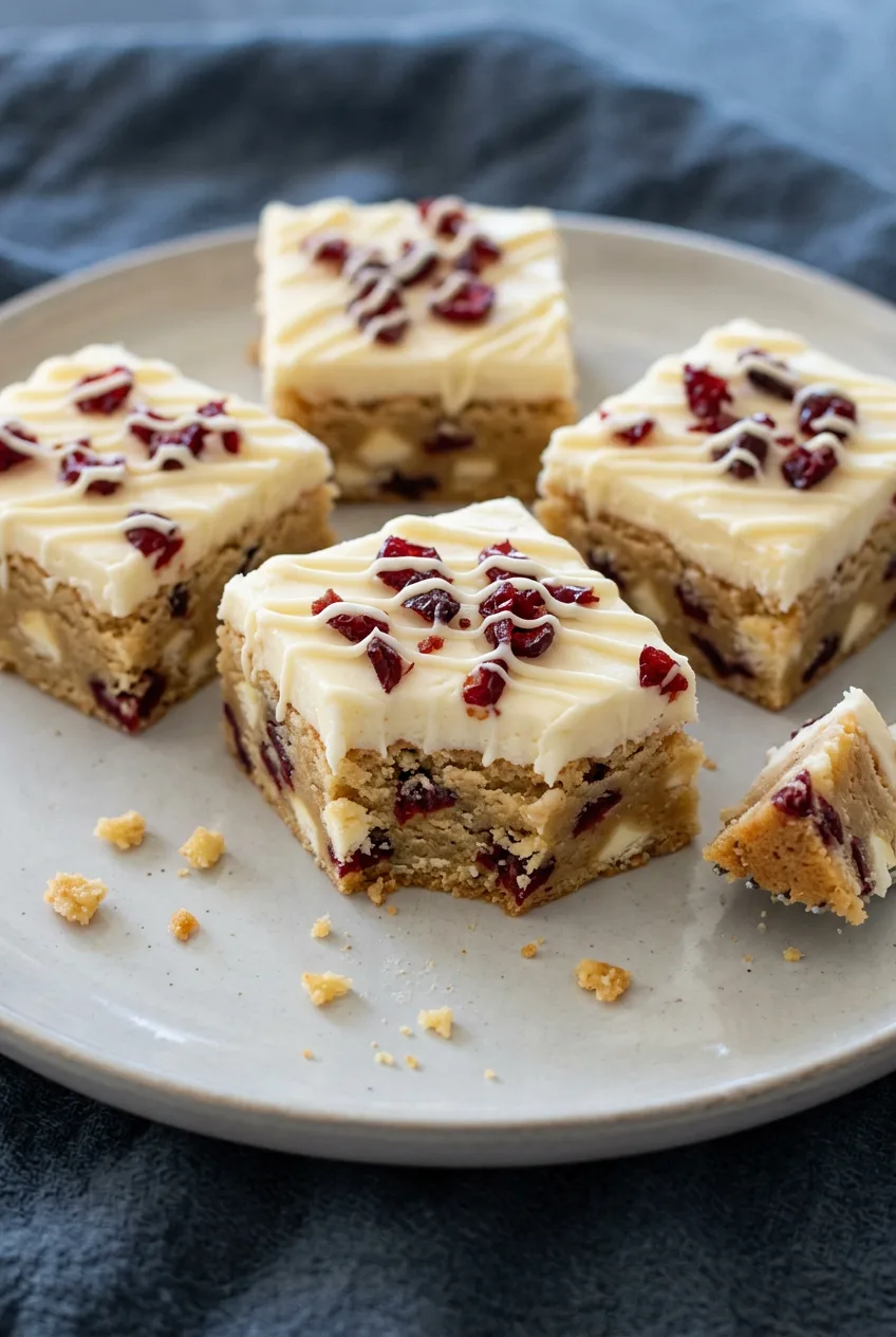 Cranberry bliss bars with cream cheese frosting, white chocolate drizzle, and dried cranberries on a pale gray plate.