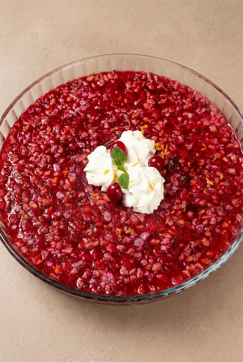 Cranberry Jello salad in a clear glass dish with whipped cream, fresh cranberries, mint, and orange zest.