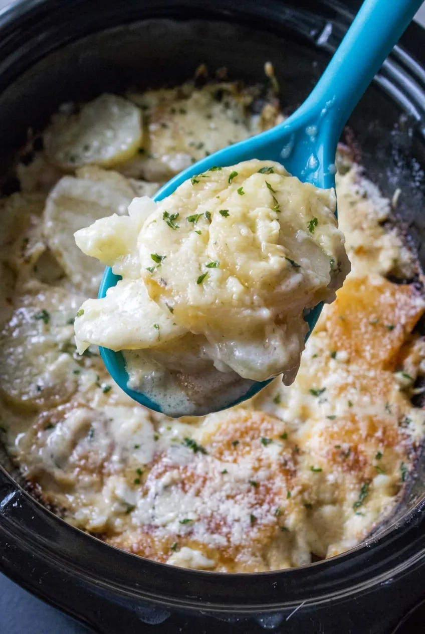 Cheesy scalloped potatoes in a black oval slow cooker with a teal spoon lifting a creamy serving