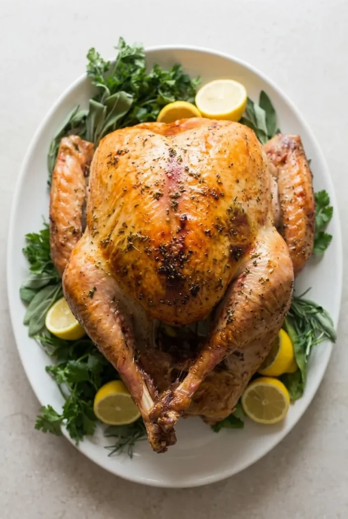 Whole herb butter roast turkey with golden herb-speckled skin, lemon, and fresh herbs on an off-white platter.