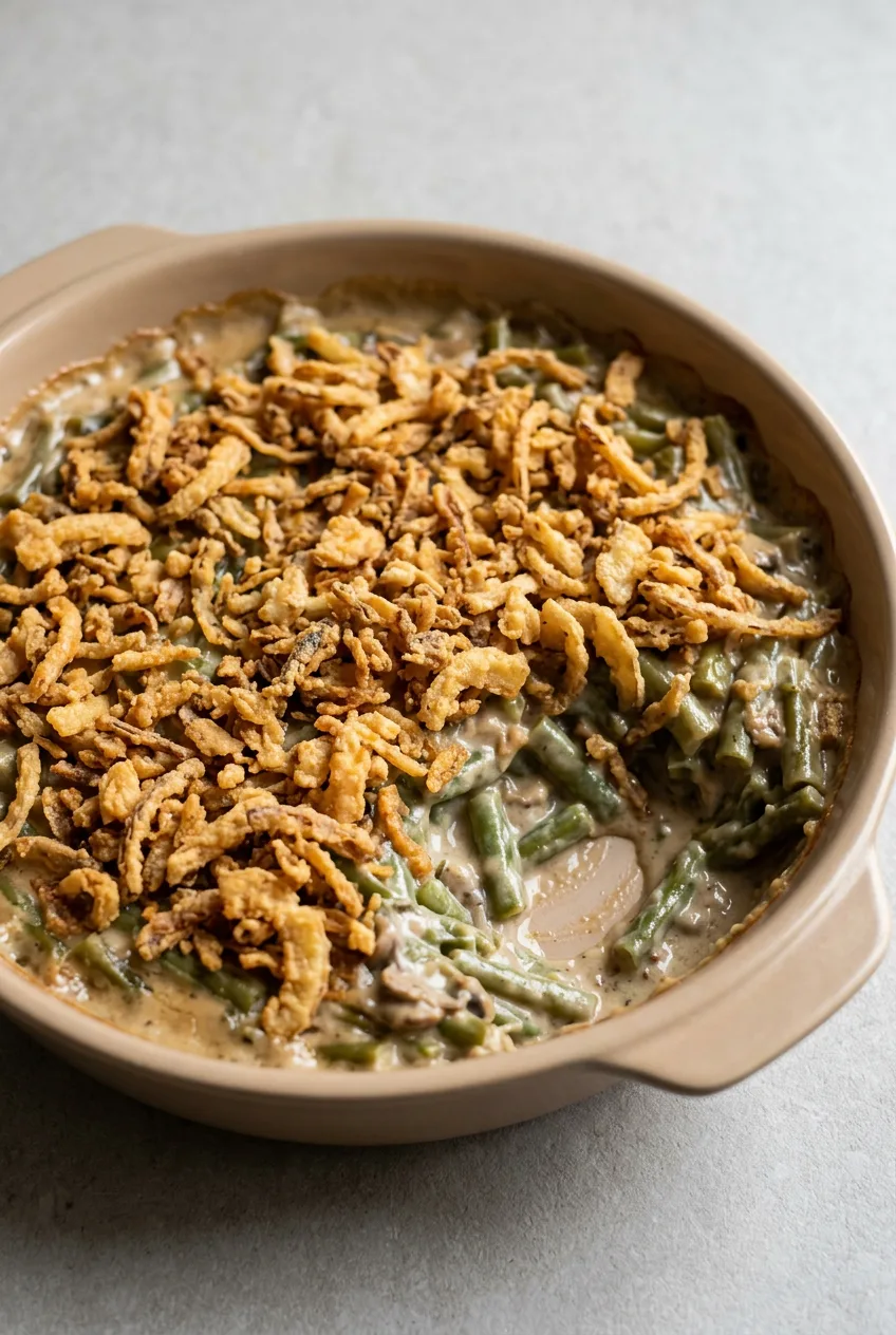 Classic green bean casserole in a shallow beige dish with creamy beans and crisp golden fried onions.