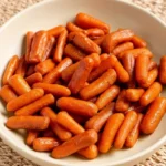 Slow cooker maple glazed carrots piled in a shallow cream bowl with a thick, glossy amber glaze
