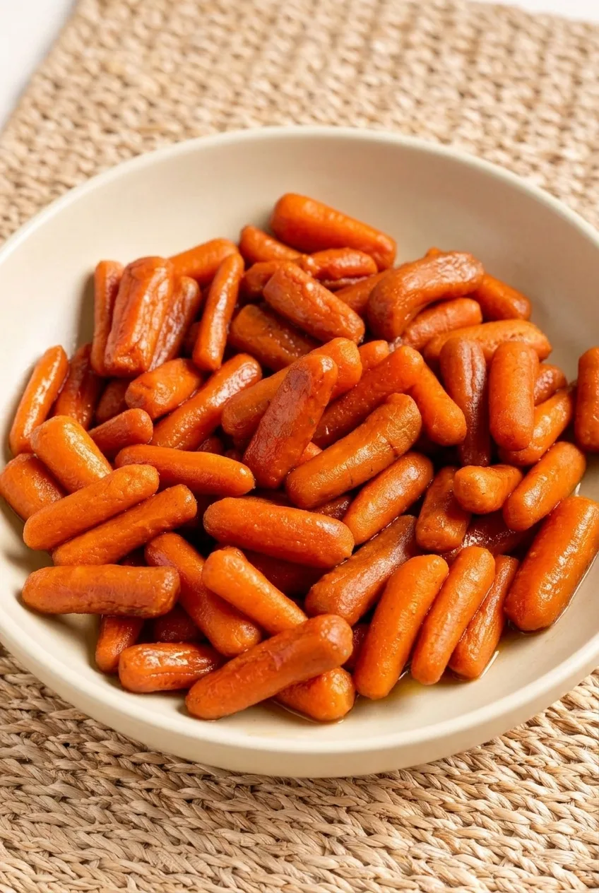 Slow cooker maple glazed carrots piled in a shallow cream bowl with a thick, glossy amber glaze