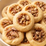 Pecan pie cookies piled in a cream ceramic bowl with pale-golden rims and glossy chopped pecan centers.