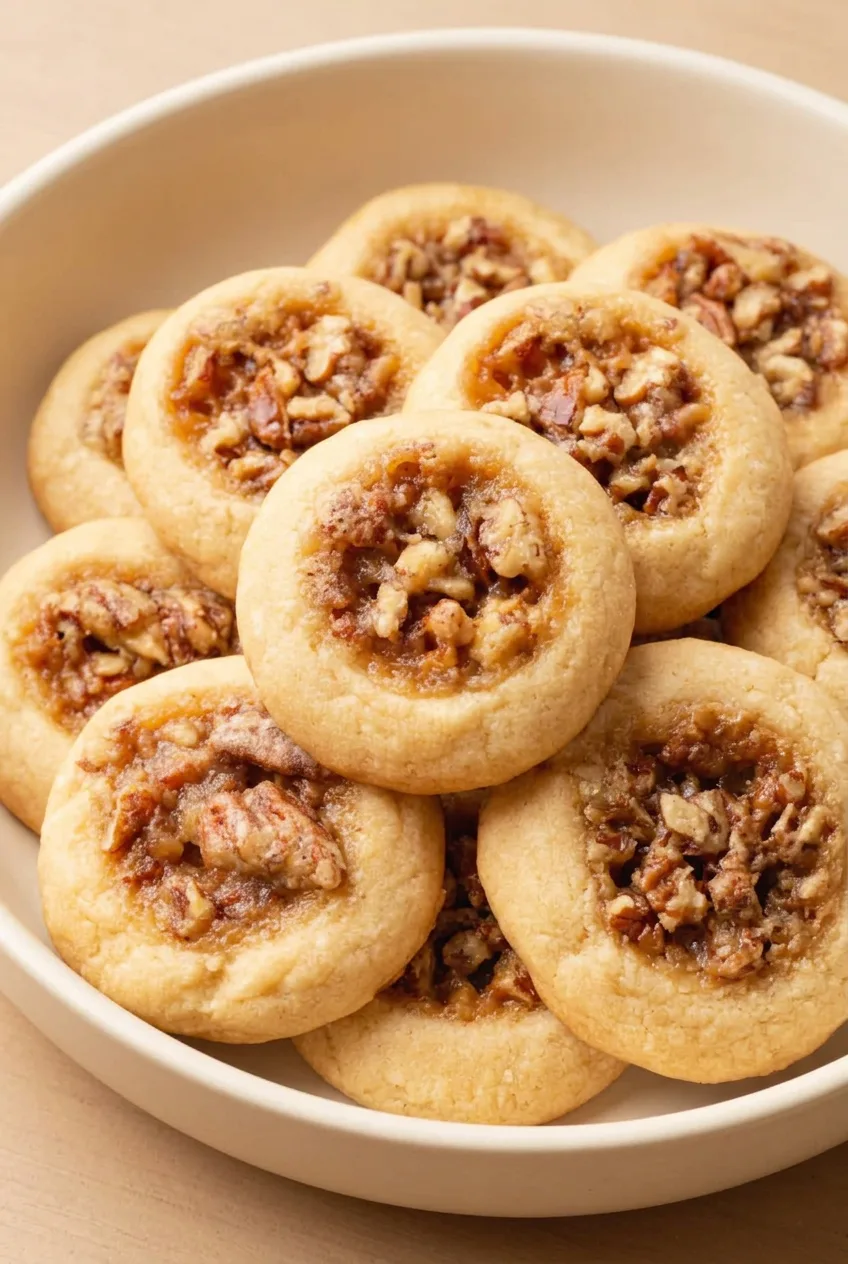 Pecan pie cookies piled in a cream ceramic bowl with pale-golden rims and glossy chopped pecan centers.