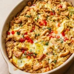 Southern squash casserole with yellow squash, red pepper, cheddar, buttery crackers, and thyme in a ceramic baking dish