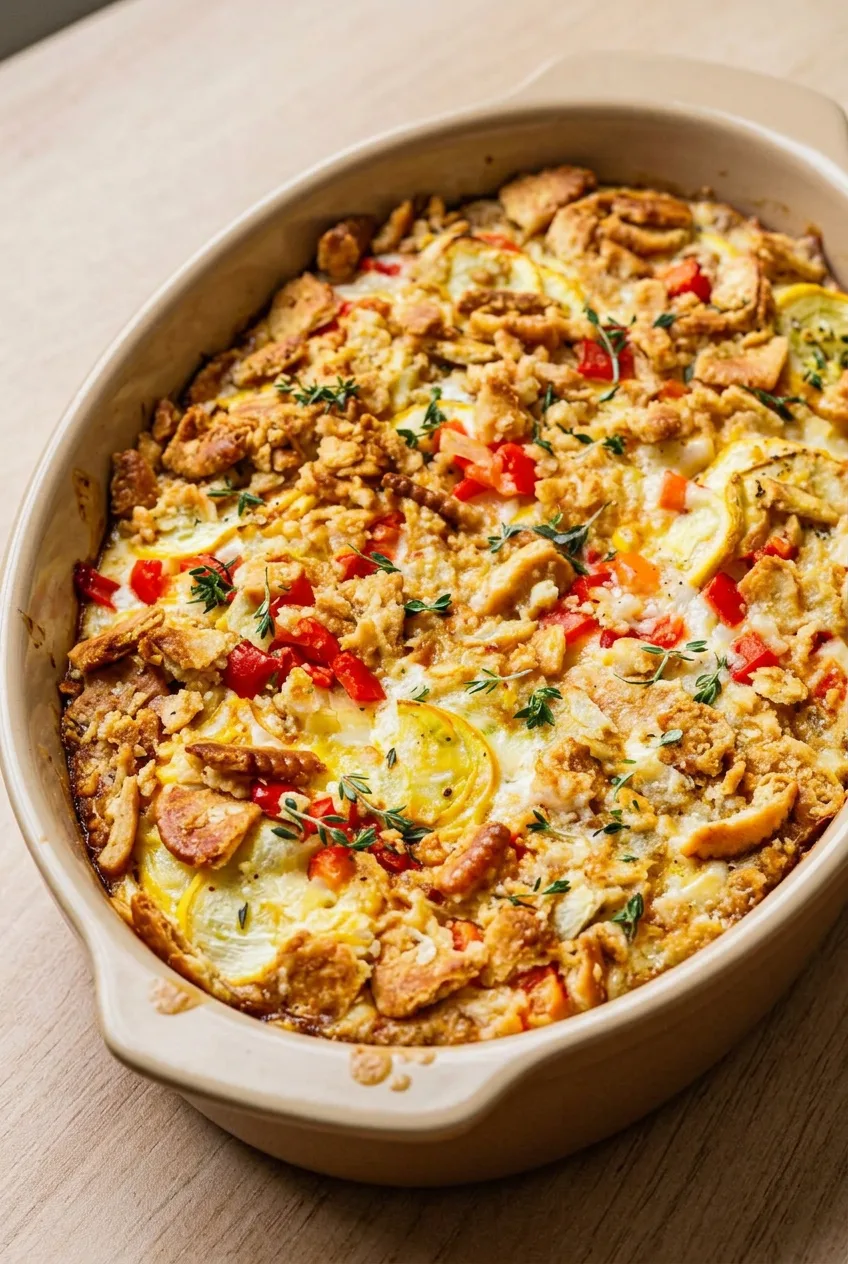 Southern squash casserole with yellow squash, red pepper, cheddar, buttery crackers, and thyme in a ceramic baking dish