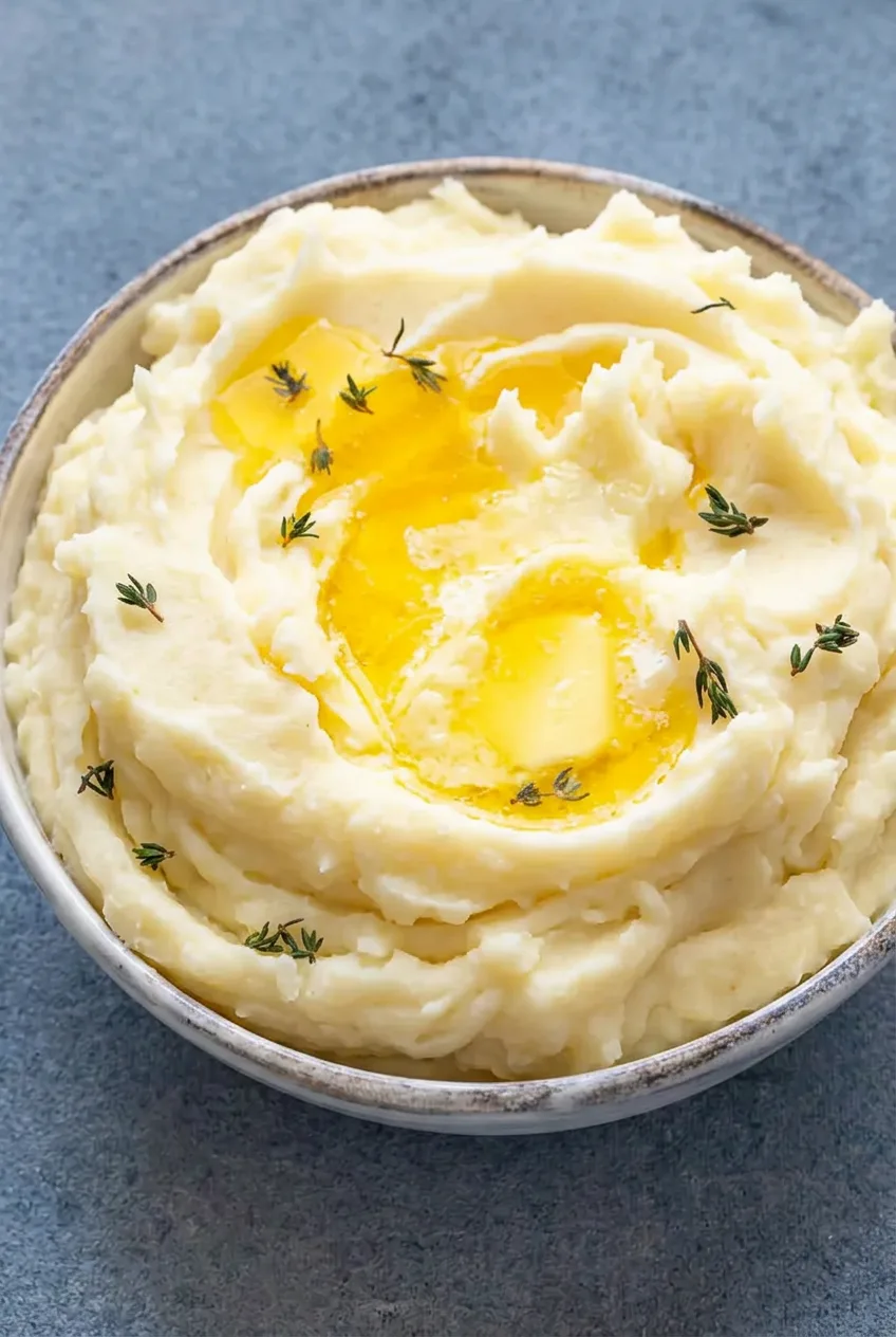 Roasted garlic mashed potatoes in a shallow gray bowl with thyme and melted butter in the center