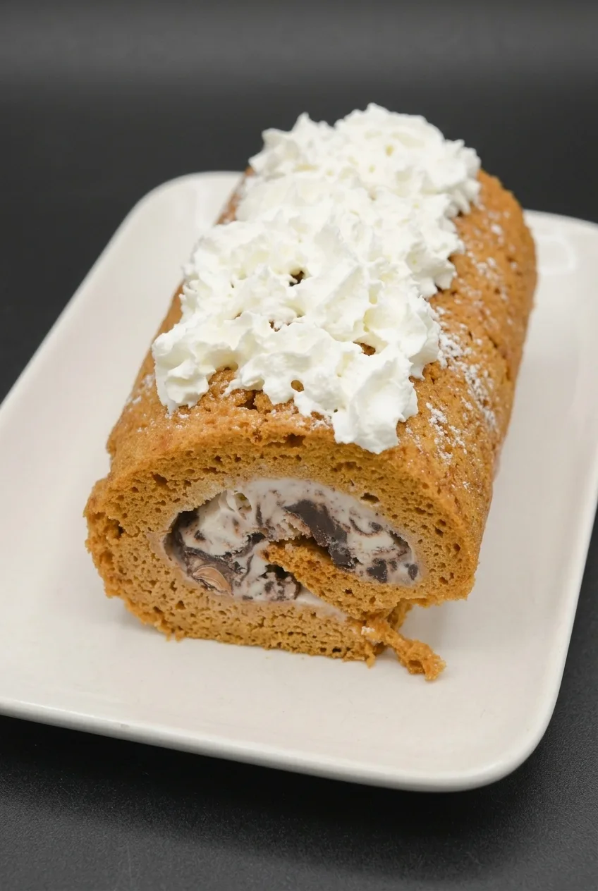 Frozen pumpkin roll with chunky chocolate ice cream swirl, powdered sugar, and whipped cream on an off-white platter.