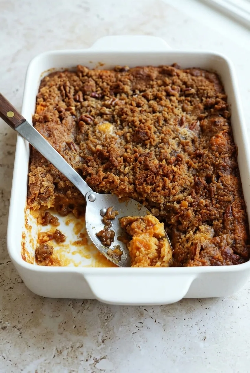 Sweet potato casserole with browned pecan crumble in a white rectangular baking dish with a scooped-out corner.