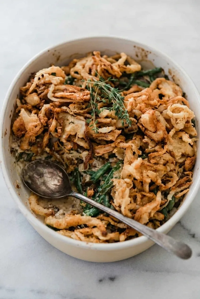 Homemade green bean casserole in an oval cream dish with creamy mushrooms and crisp fried onion strings.