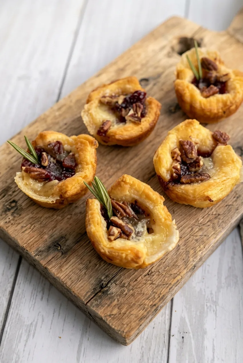 Six baked cranberry Brie bites with ruffled golden puff pastry, cranberry sauce, pecans, and rosemary on a wood board.