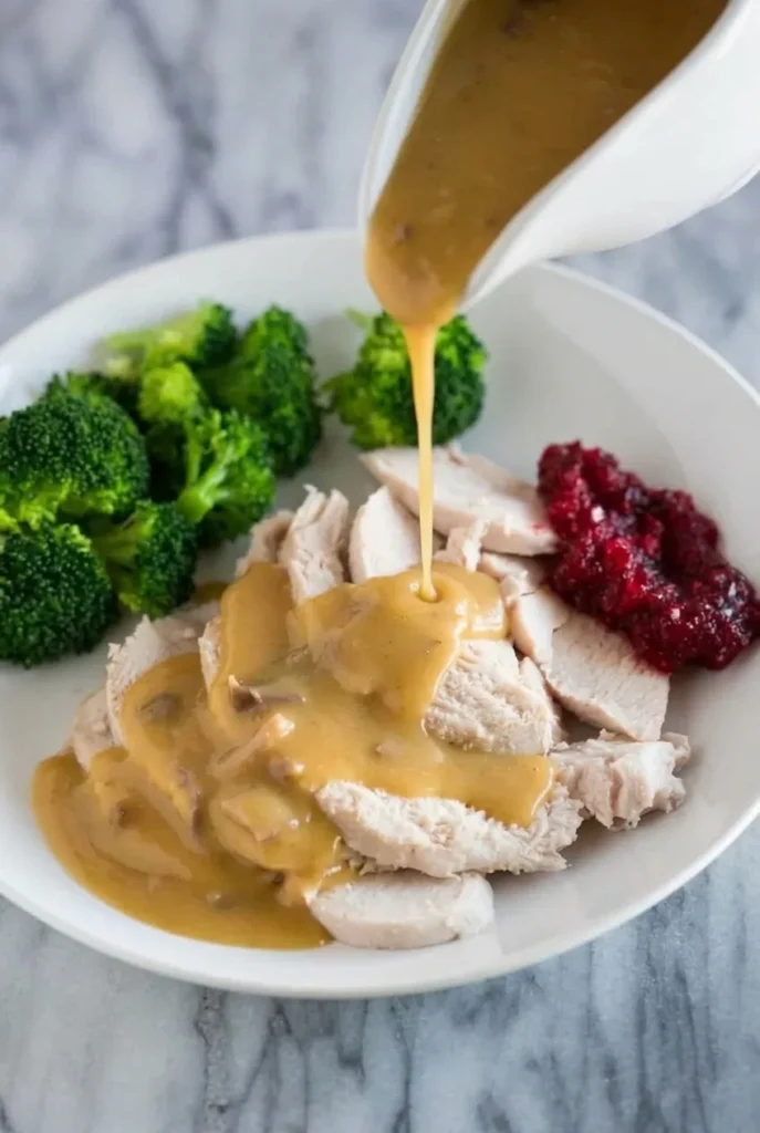 Golden-brown turkey gravy pours from a white gravy boat over sliced roast turkey on a white plate.
