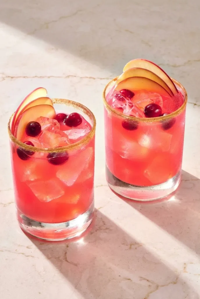 Two cranberry-apple Thanksgiving margaritas with cinnamon-sugar rims, apple fans, cranberries, and large ice cubes.