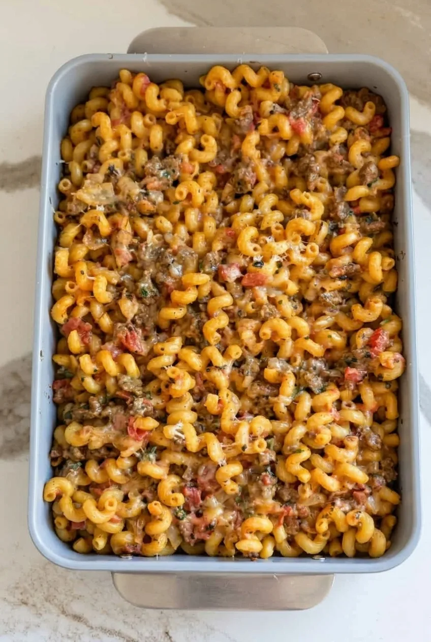 Pumpkin tomato pasta bake with cavatappi, sausage, tomatoes, and melted cheese in a rectangular casserole dish.