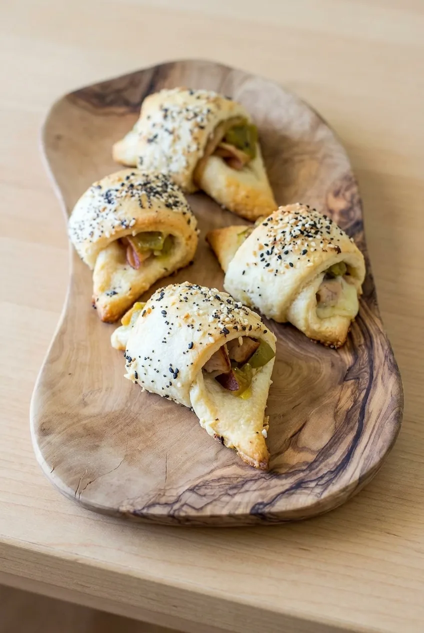 Turkey crescent bites with visible green chile filling and everything bagel seasoning on a wood board