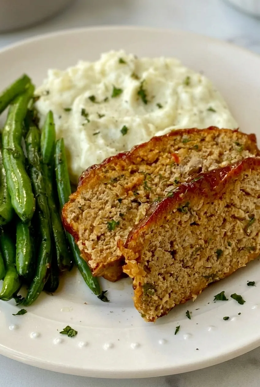 Thick slices of glazed turkey meatloaf with mashed potatoes and green beans on an off-white plate.