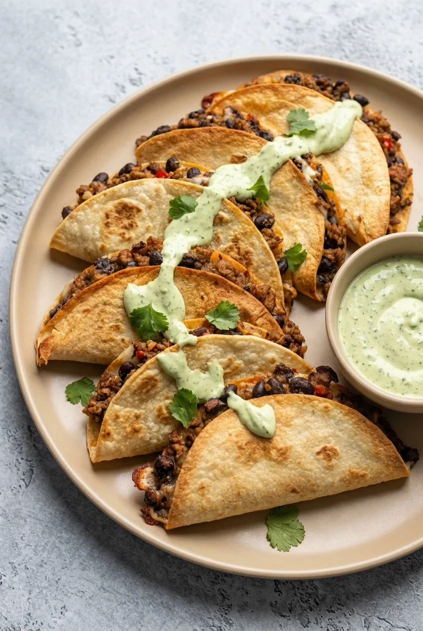 Crispy ground turkey tacos with black beans, melted cheese, and avocado crema on a cream platter
