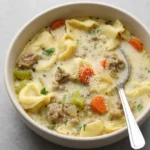 Creamy sausage tortellini soup with carrots, celery, Parmesan, and parsley in an off-white bowl.